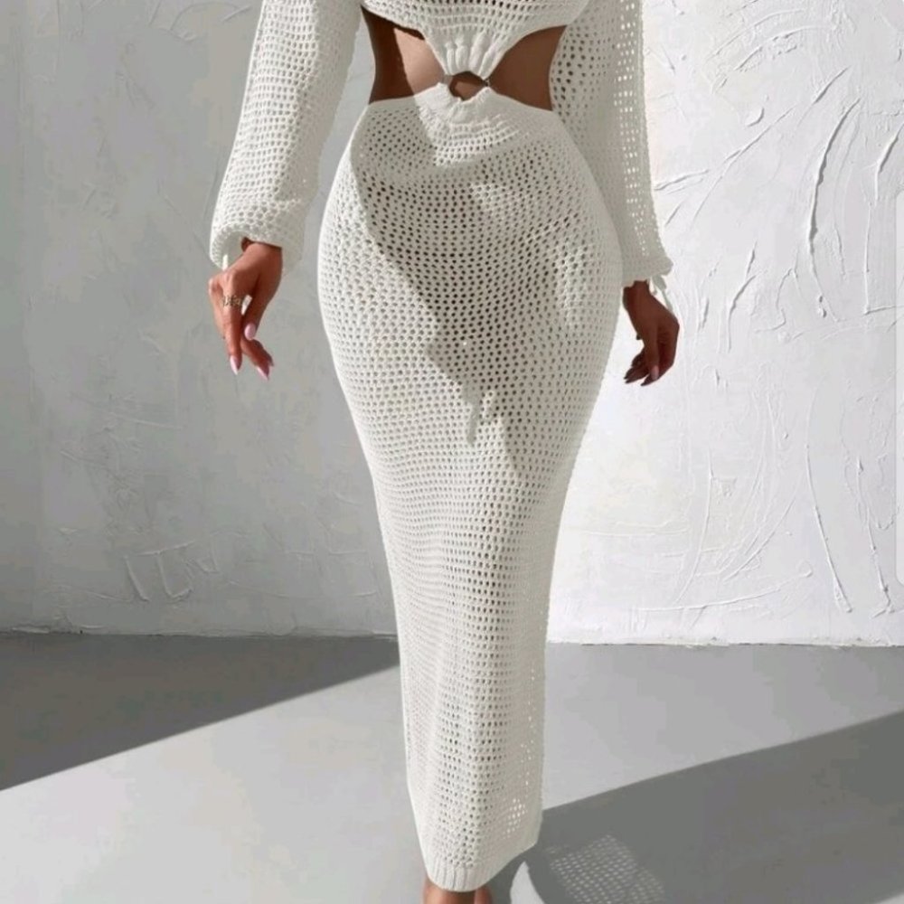 White knit cut out cover up dress summer beachy vacay - Picture 7 of 8